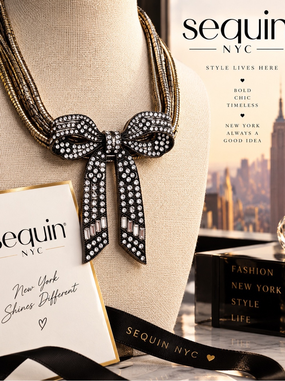Gold and Black Crystal Bow Statement Necklace